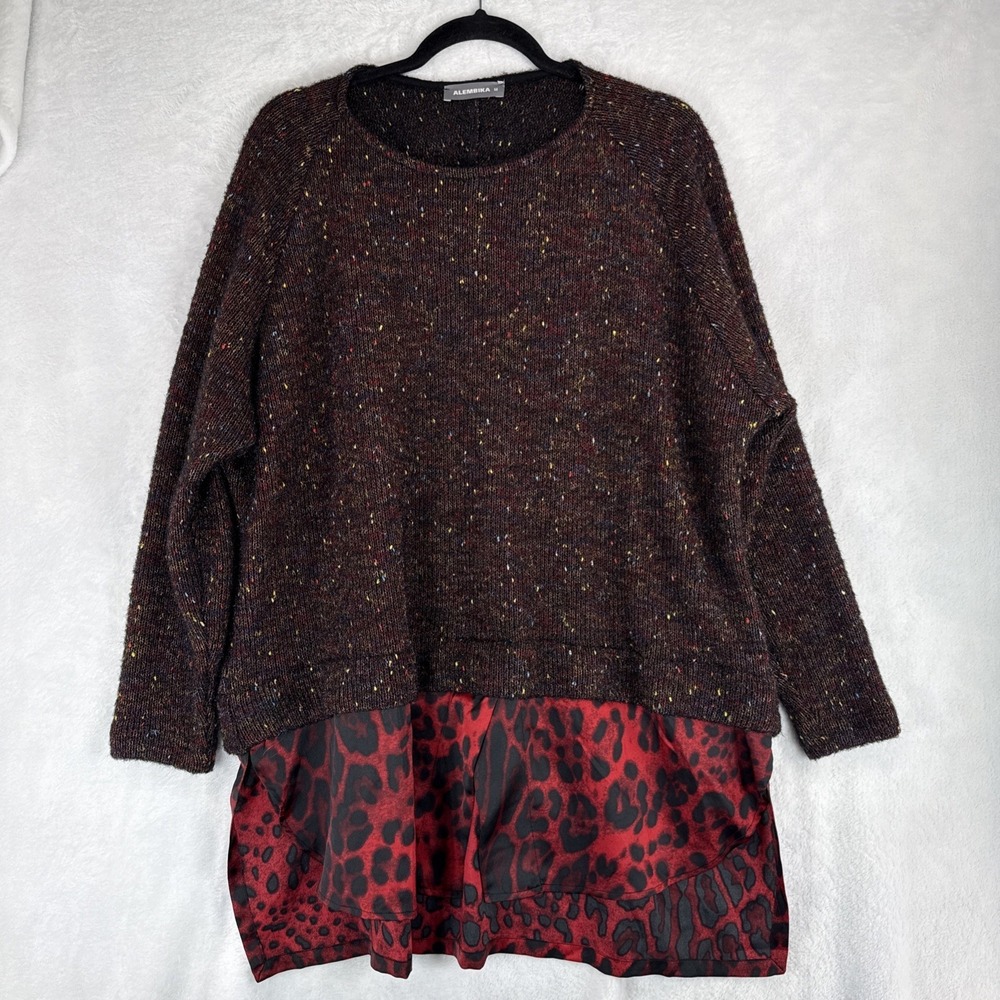 Alembika Womens Mixed Media Marled Knit Leopard Print Tunic Sweater Brown Red M